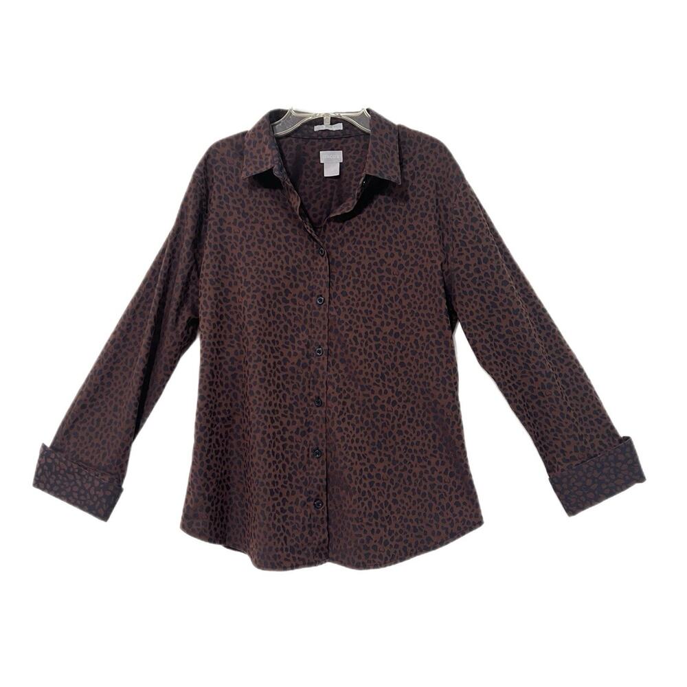 Chico’s 3 No-Iron Shirt Button Down Animal Print Size 16 XL Classic Chic Stretch